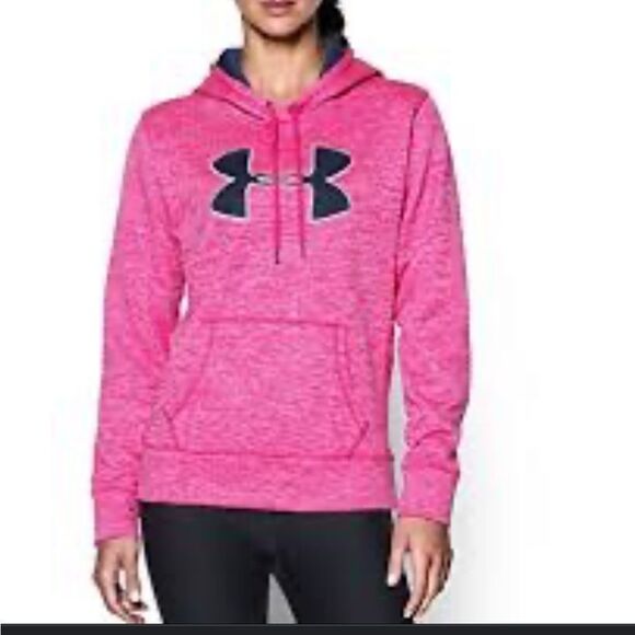 Under Armour Tops - Under Armor Cold Gear Hot Pink Navy Logo Pullover Hoodie Size M
